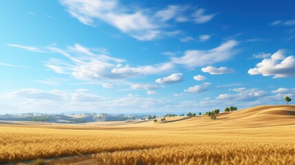 Obraz premium Expansive Golden Fields Under a Clear Blue Sky with Soft Clouds and Green Trees in the Distance