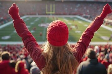 Woman in red celebrates at a football game, arms raised in victory. Perfect for sports, excitement, and fan spirit themes.