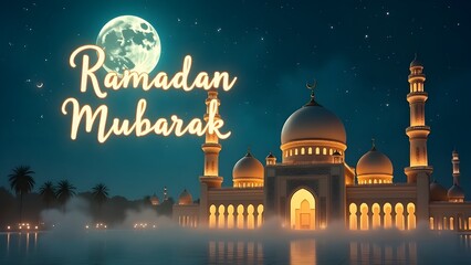 Enchanting Ramadan Mubarak Night with Glowing Mosque and Moon Reflection
