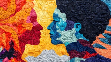 Vibrant Quilt Art Depicting Colorful Abstract Faces in Profile
