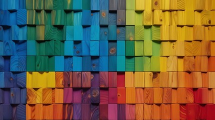 Vibrant wooden blocks arranged in a colorful abstract pattern, creating a stunning 3D texture. Bright colors and geometric design enhance the artistic composition.
