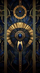 Obraz premium Luxurious Art Deco-style design featuring symmetrical gold and black patterns, roulette motifs, and sapphire blue jewel tones.
