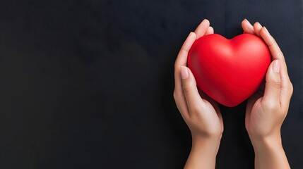 Fototapeta premium Hands Holding a Red Heart Against a Dark Background