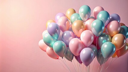 Pastel Balloons Floating Against a Soft Pink Background, Ideal for Celebrations and Festive Occasions