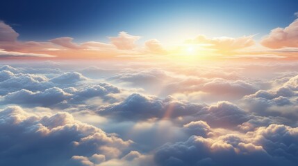 Fototapeta premium Majestic Sunrise Over a Sea of Clouds Bathed in Warm Sunlight Creating an Ethereal and Serene Atmosphere in the Sky