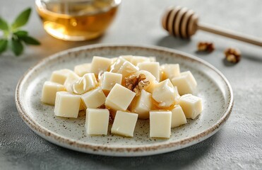 cheese on plate, restaurant serving with honey, nuts and greenery, minimalistic 