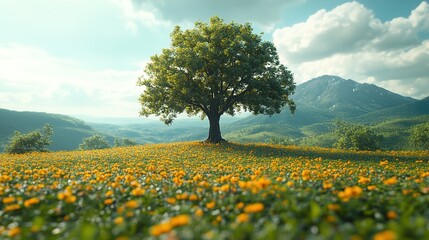 Obraz premium Lone tree on a flower-covered hill with mountain valley view