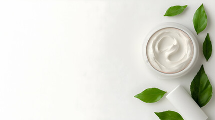 Cream jar, leaves, white background, skincare product
