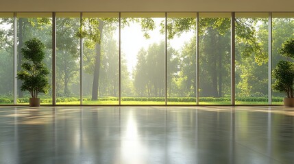 Naklejka premium Inviting Bright Room with Expansive Windows Allowing Natural Light to Flood In Enhancing the Greenery of a Large Plant Creating a Refreshing and Lively Atmosphere for Relaxation