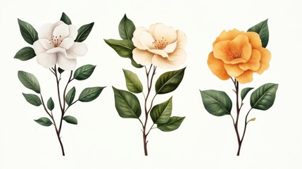 Elegant Floral Illustrations of White, Cream, and Orange Blooms
