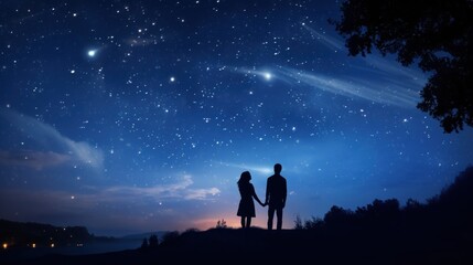 Romantic Silhouette of a Couple Holding Hands Under Starry Sky