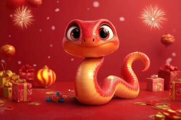 Fototapeta premium A super cute and friendly snake with big, expressive eyes, smooth scales and a playful pose, fused with reality, a collision of two-dimensional design and reality, 