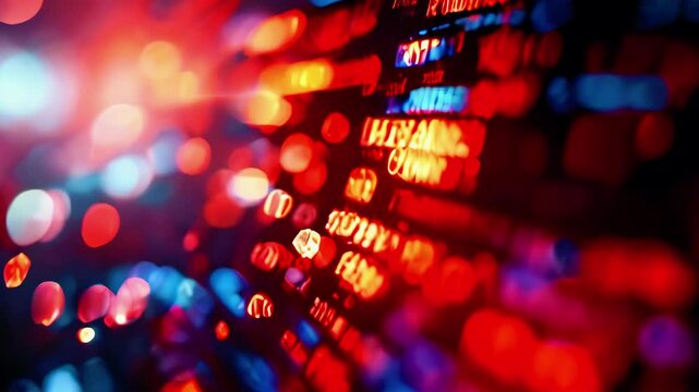 Abstract digital background with vibrant red and blue lights and blurred binary code patterns