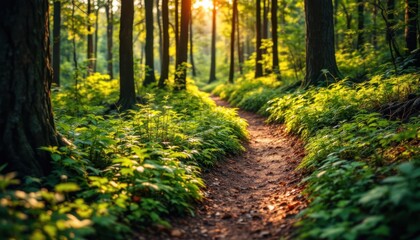 Idyllic forest pathway at sunrise with sunlight filtering through lush green foliage