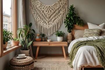 Modern scandi boho style bedroom interior with decorative pillows, green plant and diy macrame wall panel. Light warm cozy comfortable home. jomo, weekend breakfast in bed. Slow living concept.