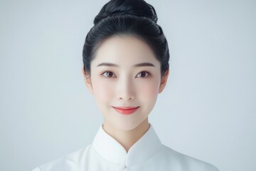 A Chinese woman with black hair, tied in an updo hairstyle and wearing white professional attire for work, smiling at the camera. 