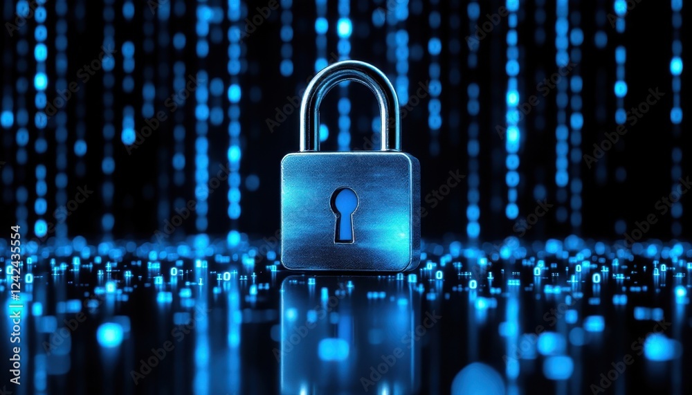 Poster digital security concept: padlock in a cybernetic environment with blue binary code