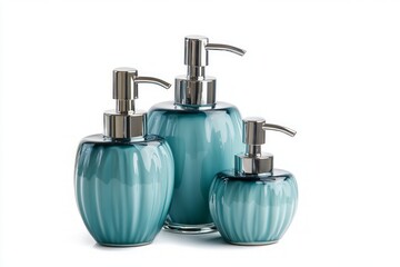 Obraz premium Teal Blue Glass Soap Dispensers Set - Exquisite Bathroom Accessories