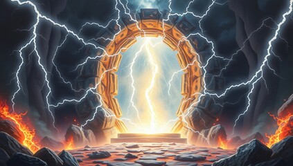 Mystical Electric Portal with Living Lightning Runes – A thunderous gateway alive with electricity, its shifting runes sparking with raw power