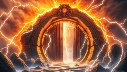 Lightning-Charged Gateway with Glowing Thunder Runes – A crackling portal infused with storm energy, its runes flashing like bolts of lightning