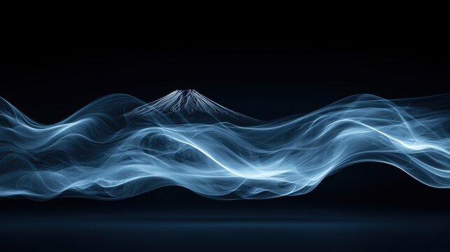 Mystical mountain peak with surreal flowing light waves at night