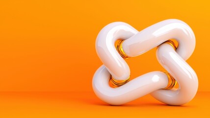 A modern, abstract sculpture of interlinked white shapes on a vibrant orange background, symbolizing connection and unity.