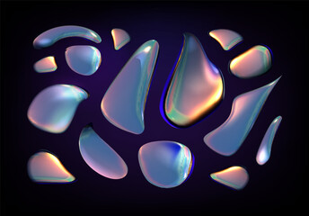 Collection of holographic fluid forms in the dark background .  Iridescent Fluid Shapes. 3d shiny holo drops on the surface