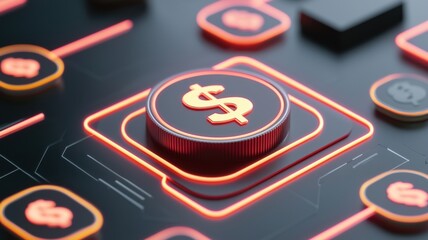 A close-up of a digital dollar sign icon highlighted by vibrant neon colors on a technology-themed interface.