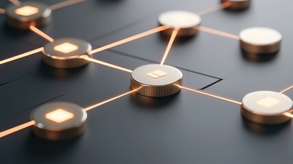 A close-up view of interconnected nodes with glowing lines, resembling a digital network or blockchain technology.