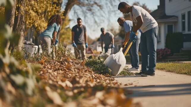 Residents participating in a community clean-up during a fuel shortage. Featuring volunteers with gloves and trash bags