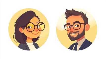 Graphic design featuring professionals with glasses in a playful style.