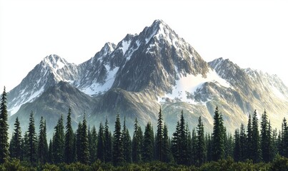 Majestic Mountain Peaks Surrounded by Lush Evergreen Forests Under Bright Clear Sky