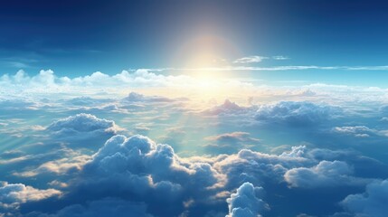 Majestic Sunlight Illuminating the Clouds in a Clear Blue Sky at Dawn with a Beautiful Horizon View and Soft Light Reflections