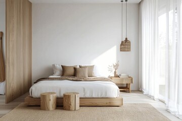 Fototapeta premium Cozy and modern bedroom interior backdrop 