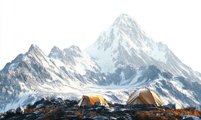 Scenic Mountain Campsite with Tents and Majestic Snow-Capped Peaks in Bright Morning Light