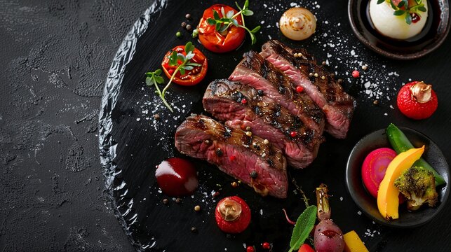 Luxurious culinary scene with grilled beef and a selection of vegetables