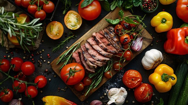 Luxurious culinary scene with grilled beef and a selection of vegetables