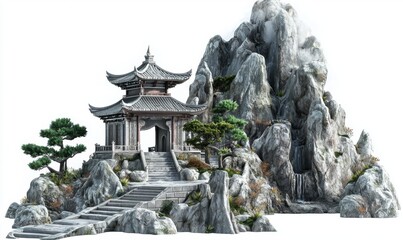 Obraz premium Serene Traditional Asian Architecture Surrounded by Majestic Rocky Landscape and Lush Greenery