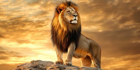 A lion is standing in a field with a yellow sky in the background