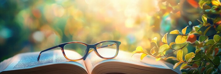 Glasses on an open book with a blurred background of nature and sunlight