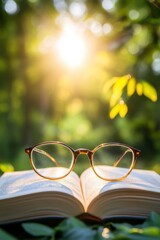 Glasses on an open book with a blurred background of nature and sunlight