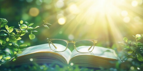 Glasses on an open book with a blurred background of nature and sunlight
