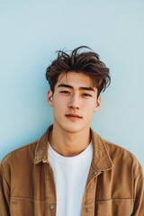Photo of a young, attractive Japanese man. He stands in front of a light blue wall, wearing a white shirt underneath a brown jacket, looking at the camera and smiling slightly.