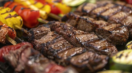 Ultra-detailed close-up of grilled beef with a medley of grilled vegetables