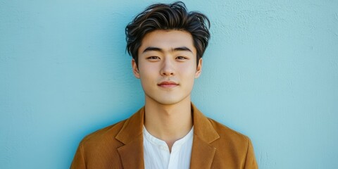 Photo of a young, attractive Japanese man. He stands in front of a light blue wall, wearing a white shirt underneath a brown jacket, looking at the camera and smiling slightly.