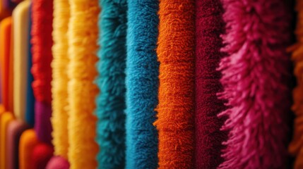 Colorful fluffy textile samples hanging vertically.