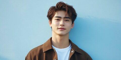 Photo of a young, attractive Japanese man. He stands in front of a light blue wall, wearing a white shirt underneath a brown jacket, looking at the camera and smiling slightly.