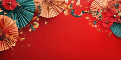Chinese New Year Banner: Abstract Art with Oriental snake and folding paper fans on red background. Lunar New Year Celebration Card Design 