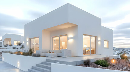 Modern white villa, twilight view, terrace, hills