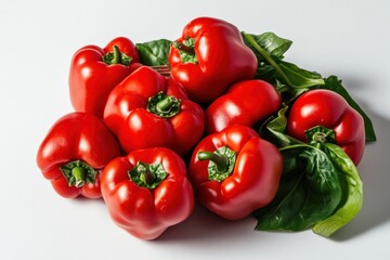 Red bell peppers, fresh harvest, white background, healthy food